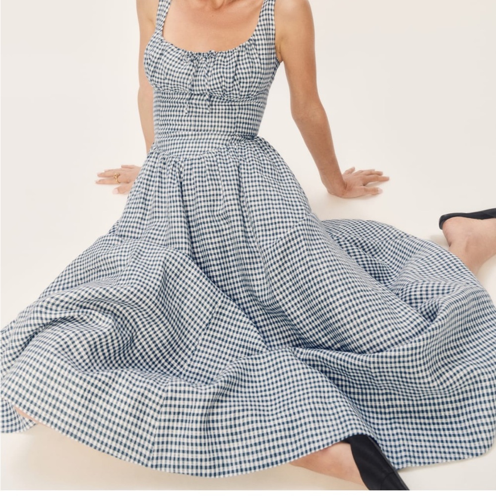 Reformation Balia Linen Midi Check Dress